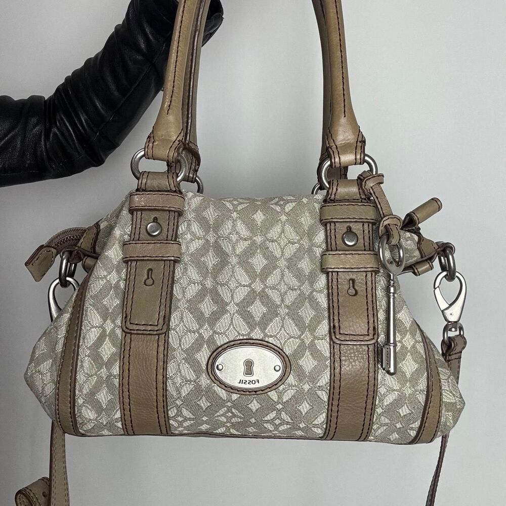 Fossil Maddox Vintage y2k brown and cream jacquard canvas satchel
